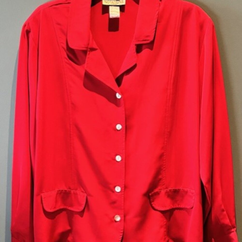 Notations Red Button Up V-Neck 16W Blouse Notch Tie Back Office Holiday Bright